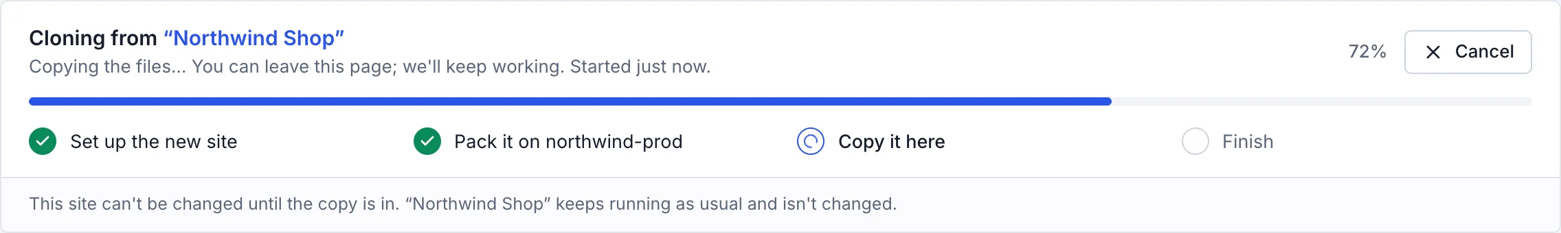 A clone to another server in progress: the new site set up, the site packed on its server, and now being copied in, at 72%.