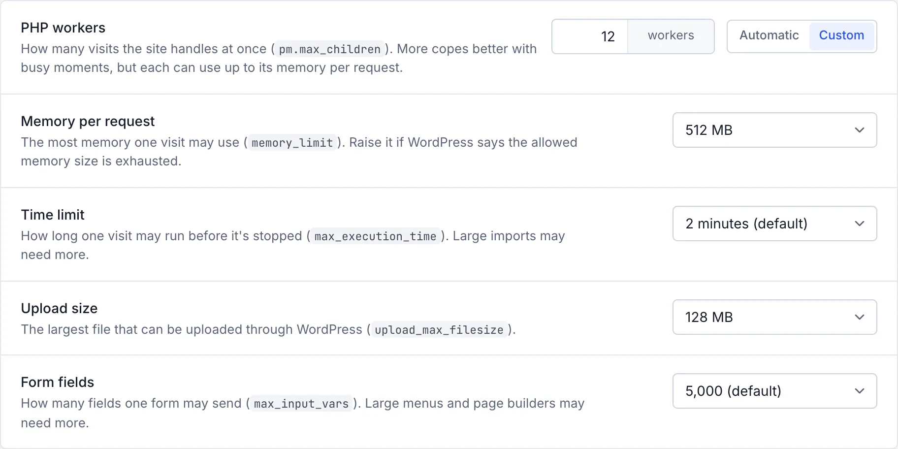 A site's PHP settings: 12 PHP workers, 512 MB per request, a 2-minute time limit, 128 MB uploads and 5,000 form fields.