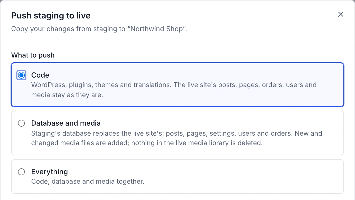 Pushing staging to live: only the code, the database and media, or everything.
