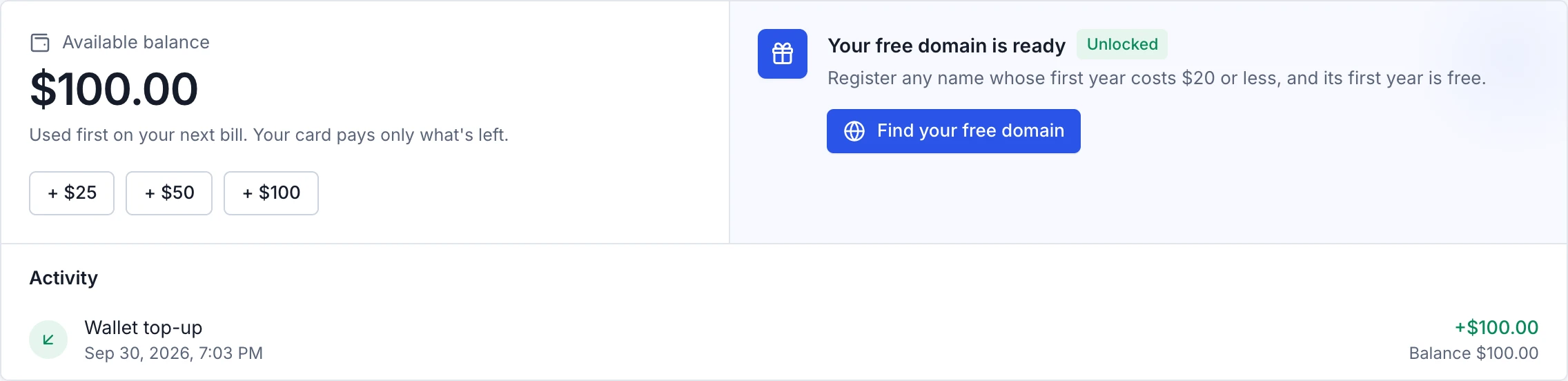 The wallet in the Rabbitflare panel: a $100.00 balance and a free domain unlocked.